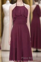 Burgundy Halter Backless Ruffled A-Line Short Dresses