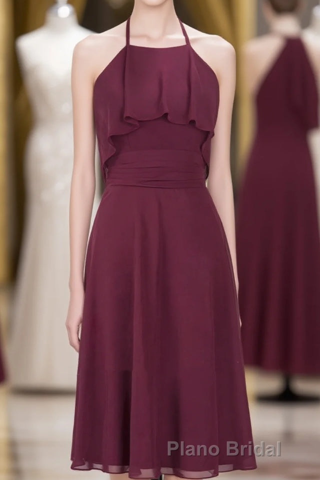 Burgundy Halter Backless Ruffled A-Line Short Dresses