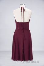 Burgundy Halter Backless Ruffled A-Line Short Dresses