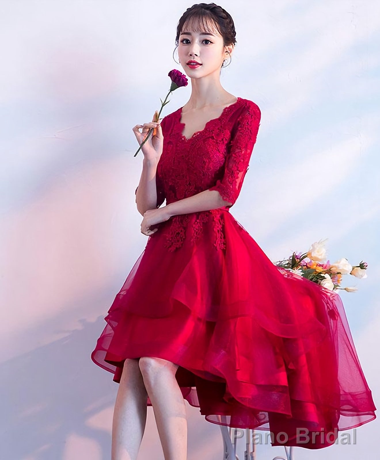 Burgundy V Neck Tulle Lace Short Prom Dress Bridesmaid Dress