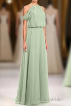 Sage Green Chiffon Halter Blouson-Style Long Bridesmaid Dresses