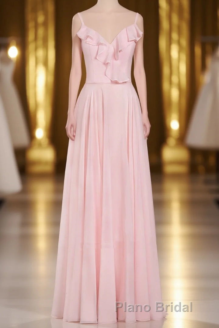 Pink Ruffle Lace-Up A-Line Long Bridesmaid Dresses Main image