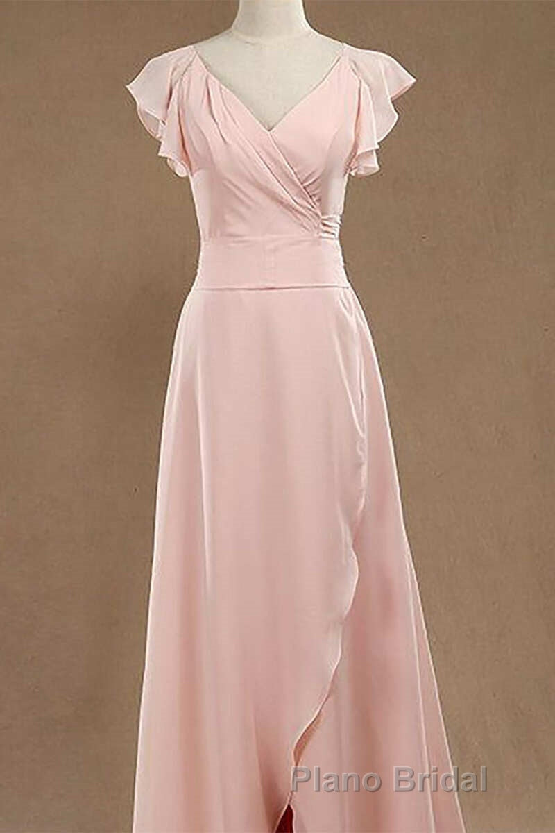 Blush Pink V-Neck Ruffled Long Bridesmaid Dresses