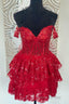 Red Off-the-Shoulder Lace Multi-Layers Appliques Sequins Homecoming Dresses
