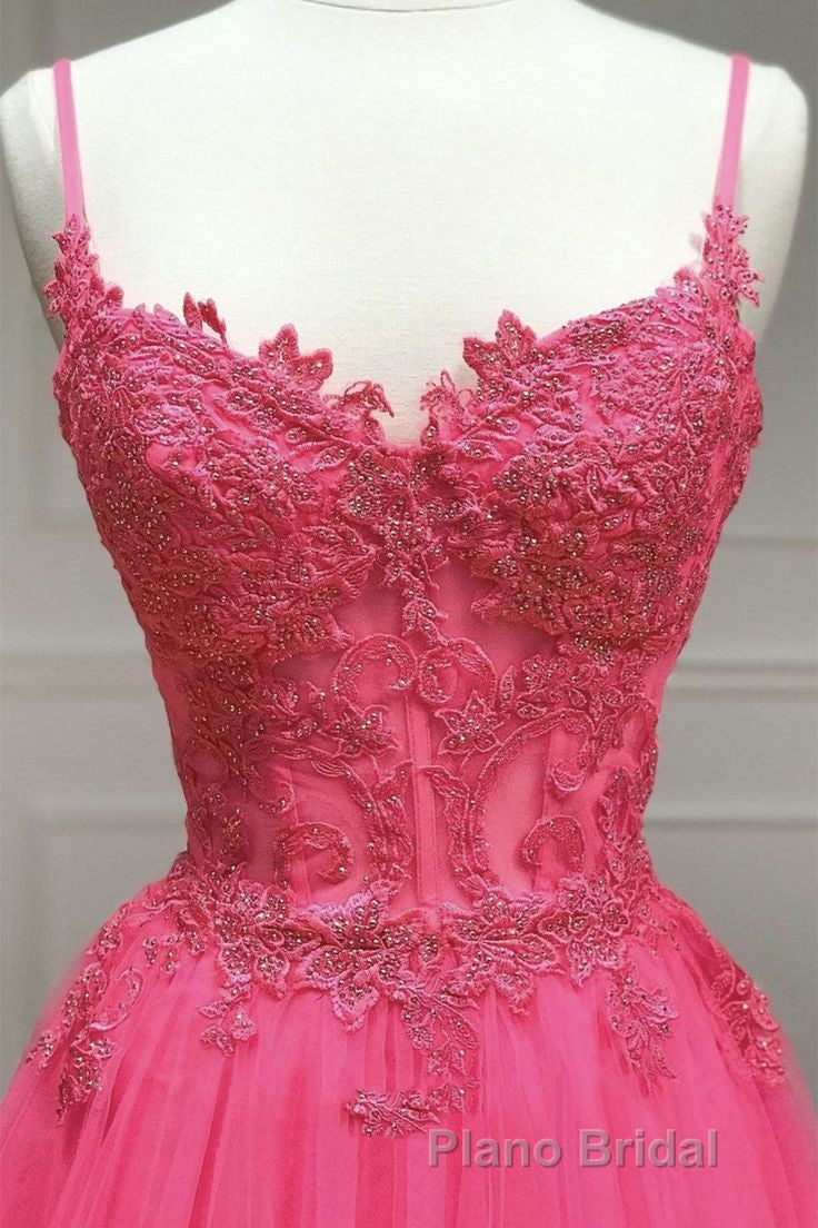 Hot Pink Floral Spaghetti Straps A-line Long Formal Prom Dresses Secondary image