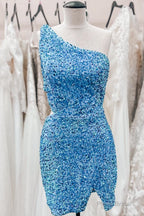 Sky Blue One Shoulder Sequins Sheath Cut-Out Homecoming Dress