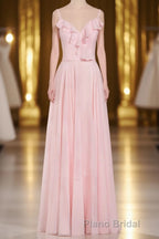 Pink Ruffle Lace-Up A-Line Long Bridesmaid Dresses
