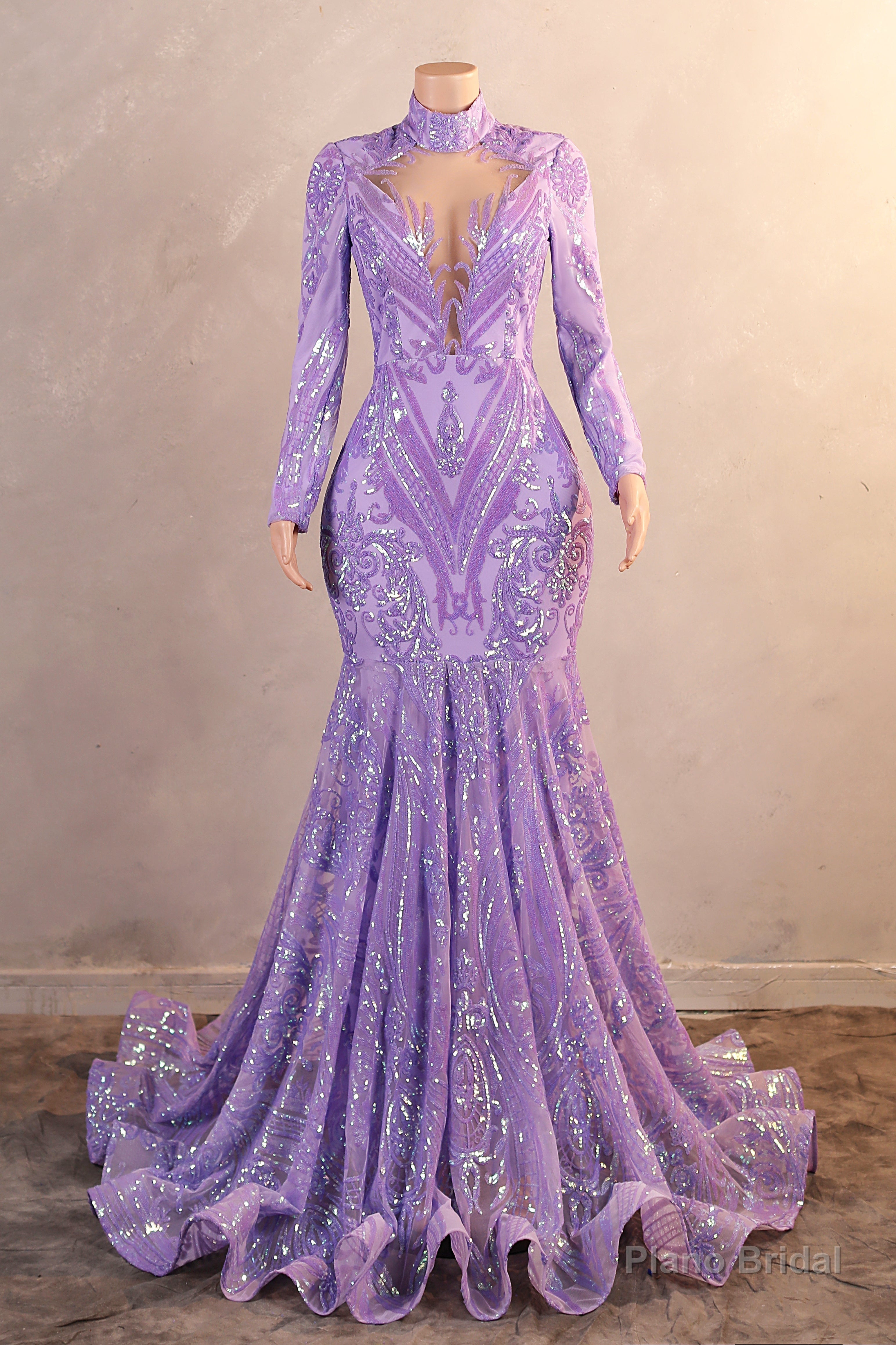 High Neck Long Sleeve Sweep Train Zipper Mermaid Evening Dress Main image