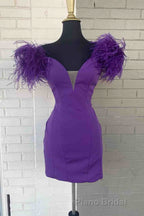 Fitted Feather Shoulder Blue Tight Homecoming Dresses