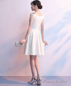 Simple White Satin Applique Short Prom Dress Cute Homecoming Dress