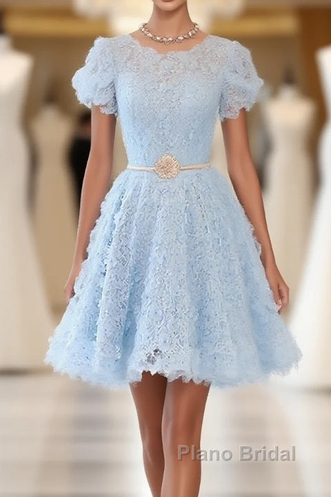 Cute Blue Lace Short Formal Prom Dress, Blue Homecoming Dress Main image