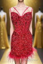 Feathers Red Sequin Straps Bodycon Short Homecoming Dresses