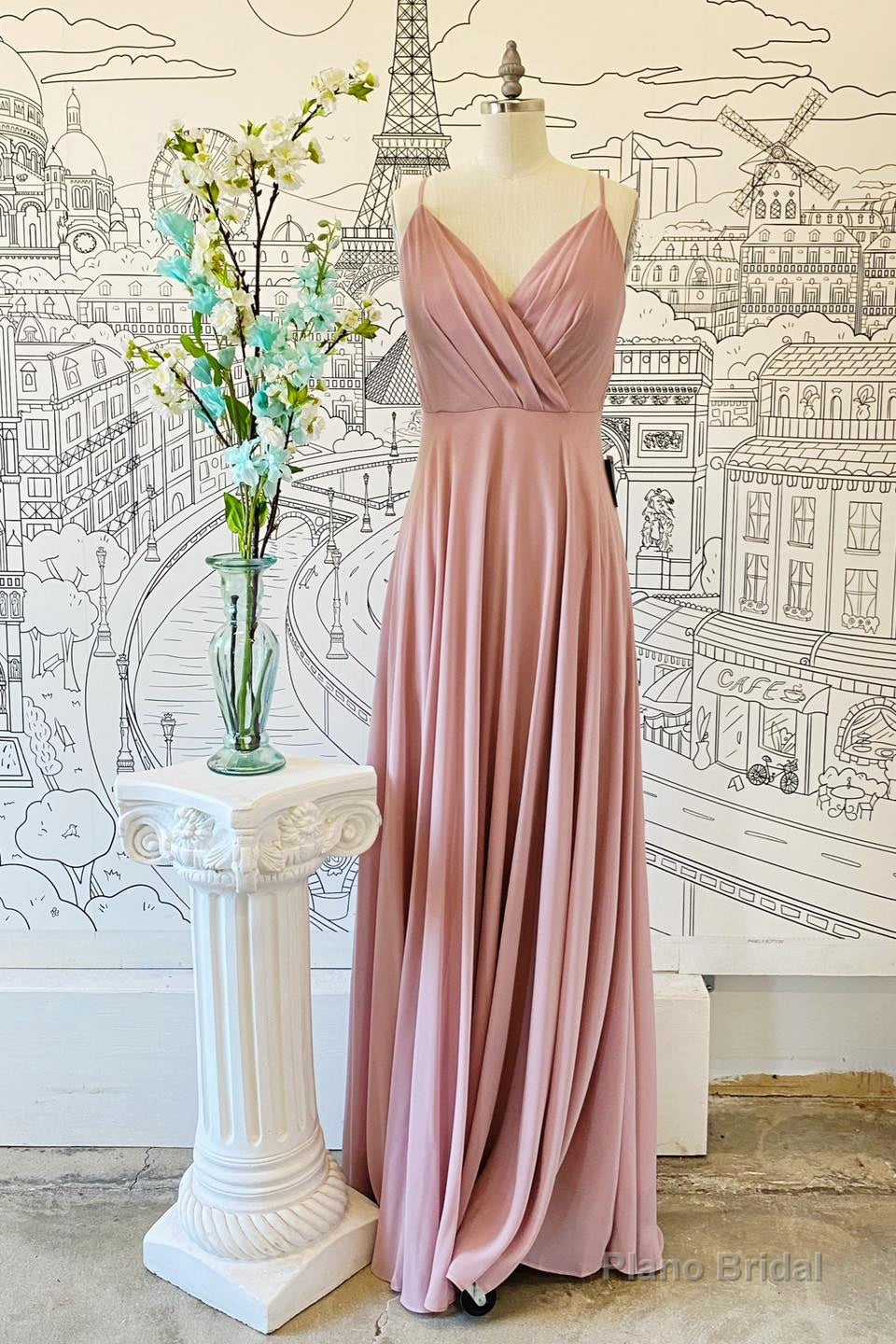 Pink V Neck Spaghetti Straps Pleated Chiffon Long Bridesmaid Dress Main image