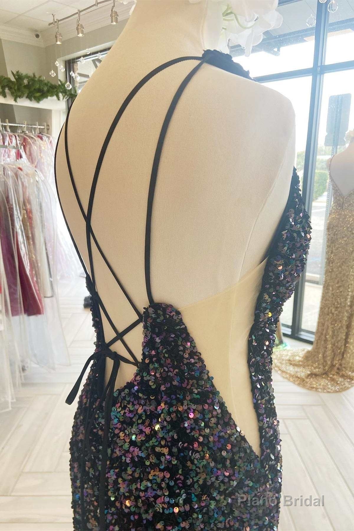 Black Iridescent Sequin Lace-Up Back Long Formal Dress with Slit Secondary image