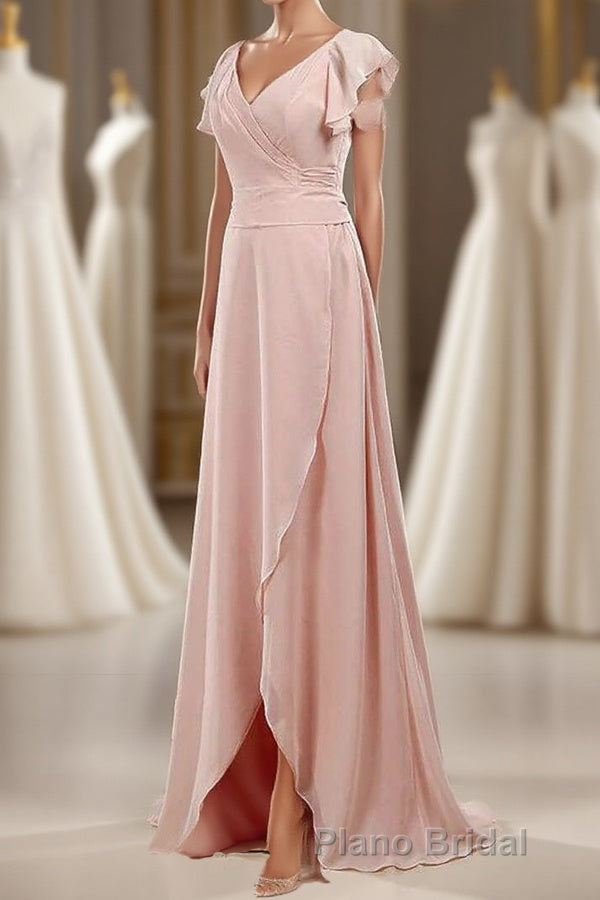 Blush Pink V-Neck Ruffled Long Bridesmaid Dresses Main image