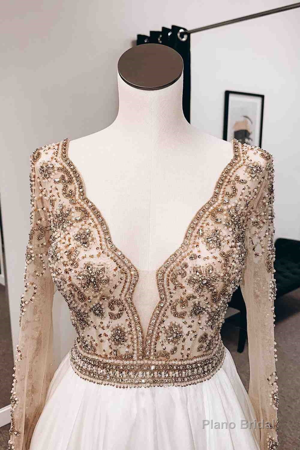 Champagne A-line V Neck Long Sleeves Chiffon Long Prom Dress Secondary image