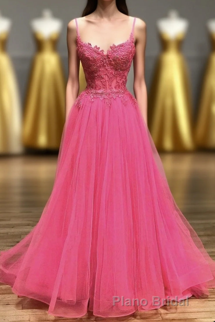 Hot Pink Floral Spaghetti Straps A-line Long Formal Prom Dresses