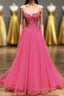 Hot Pink Floral Spaghetti Straps A-line Long Formal Prom Dresses