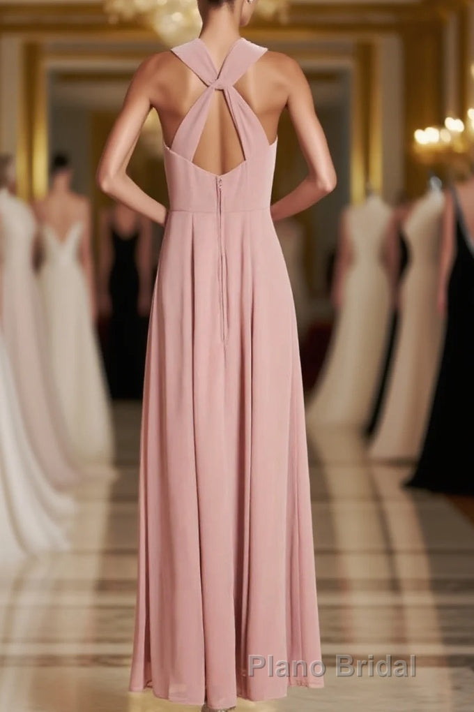Dusty Pink Twist-Front Backless Long Prom Dresses