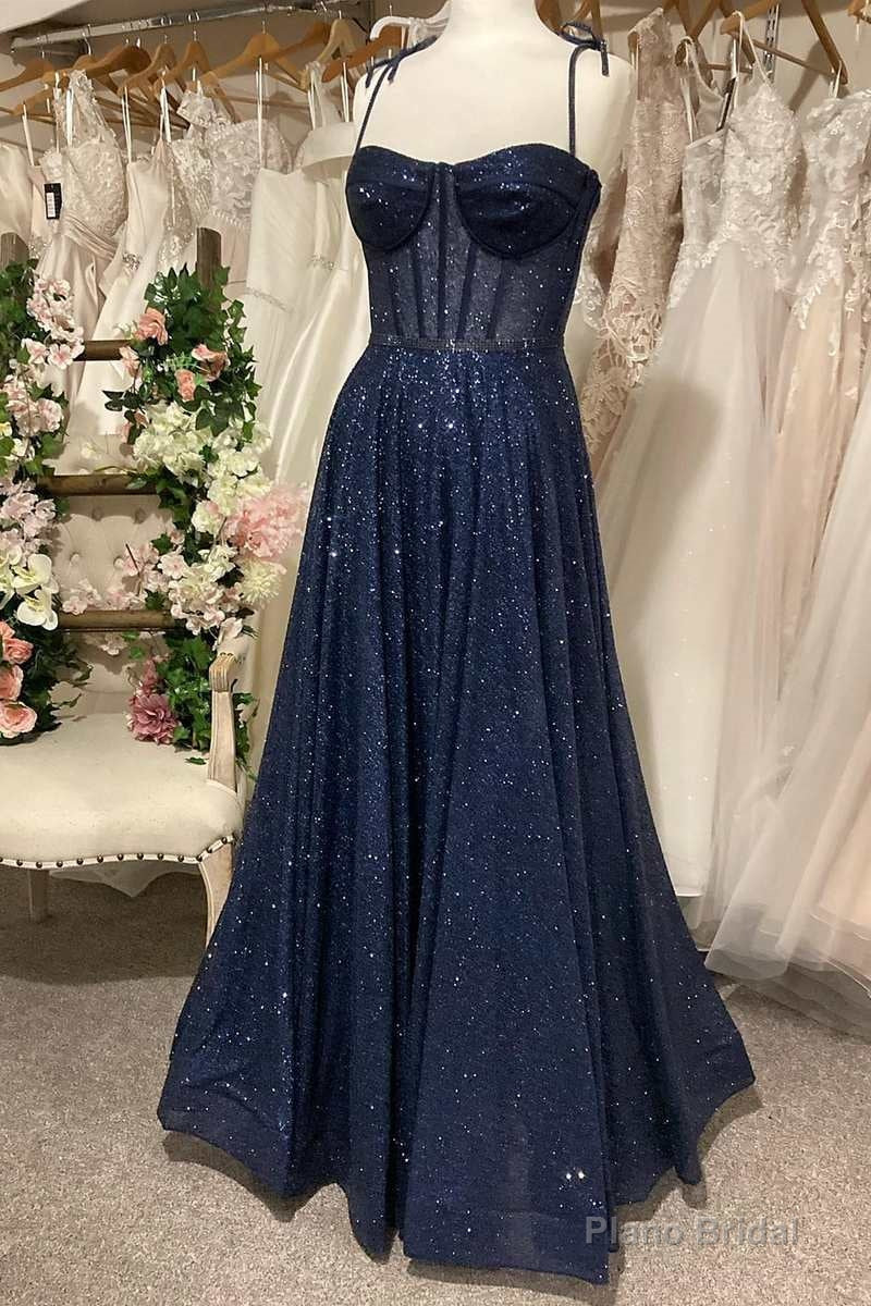 Sparkly Navy Blue Sequin Prom Dresses, Shiny Long Lace Prom Dress Main image