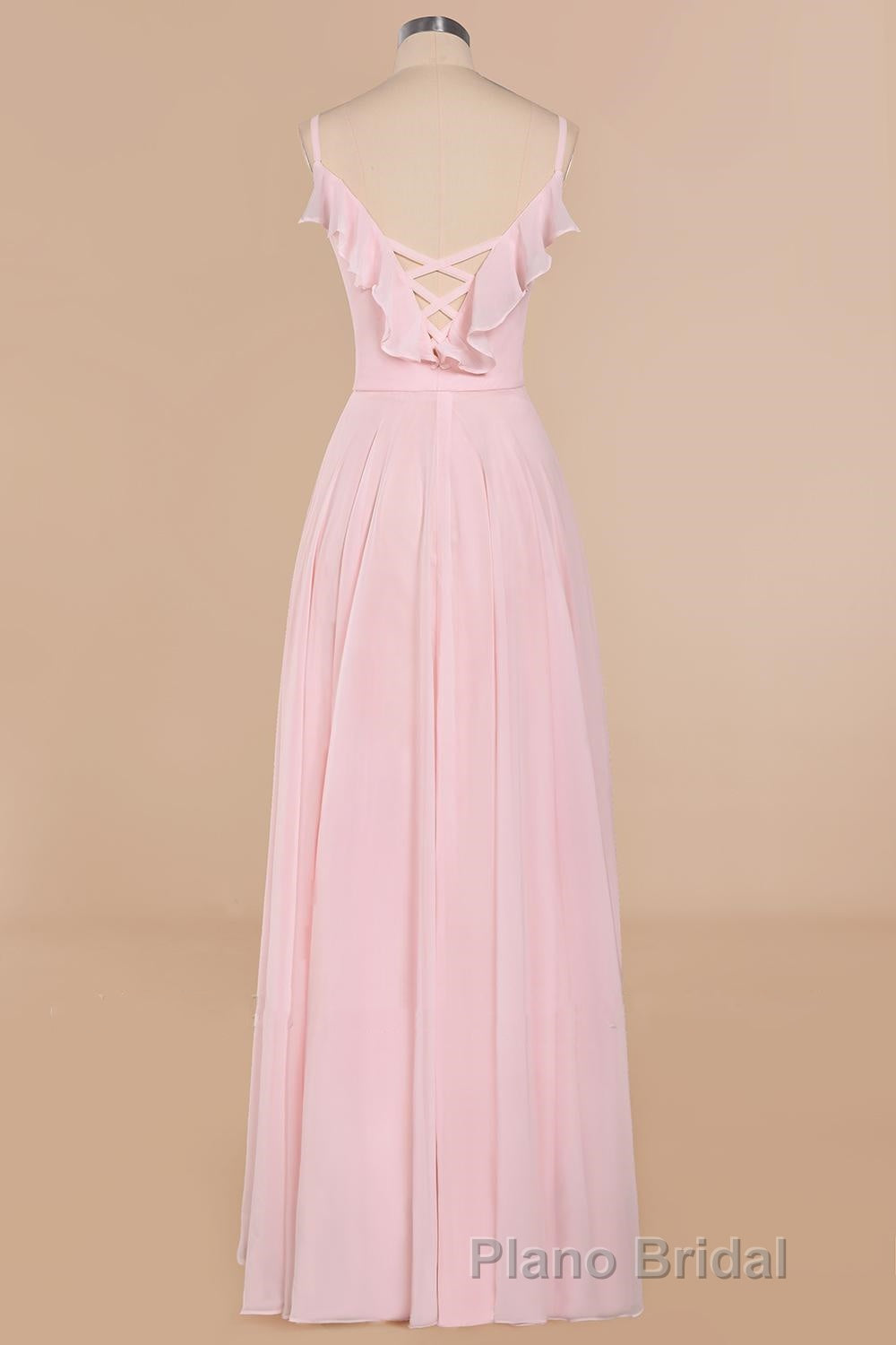 Pink Ruffle Lace-Up A-Line Long Bridesmaid Dresses Secondary image