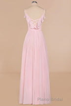 Pink Ruffle Lace-Up A-Line Long Bridesmaid Dresses