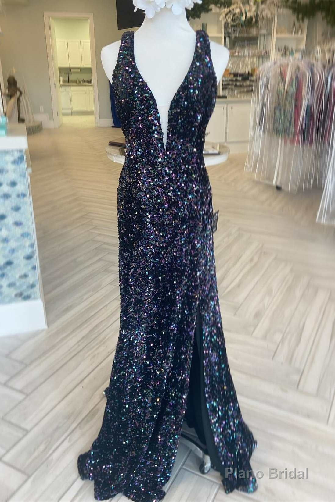 Black Iridescent Sequin Lace-Up Back Long Formal Dress with Slit Main image