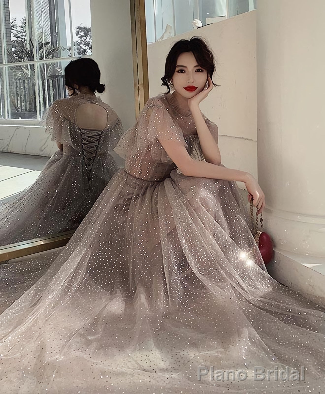 Champagne Tulle Sequin Long Prom Dress Tulle Formal Dress Main image