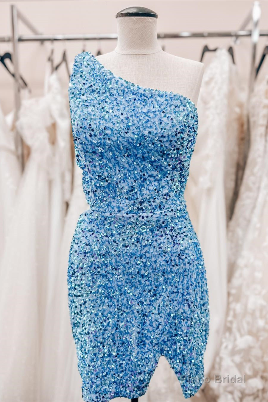 Sky Blue One Shoulder Sequins Sheath Cut-Out Homecoming Dress Main image