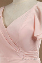 Blush Pink V-Neck Ruffled Long Bridesmaid Dresses