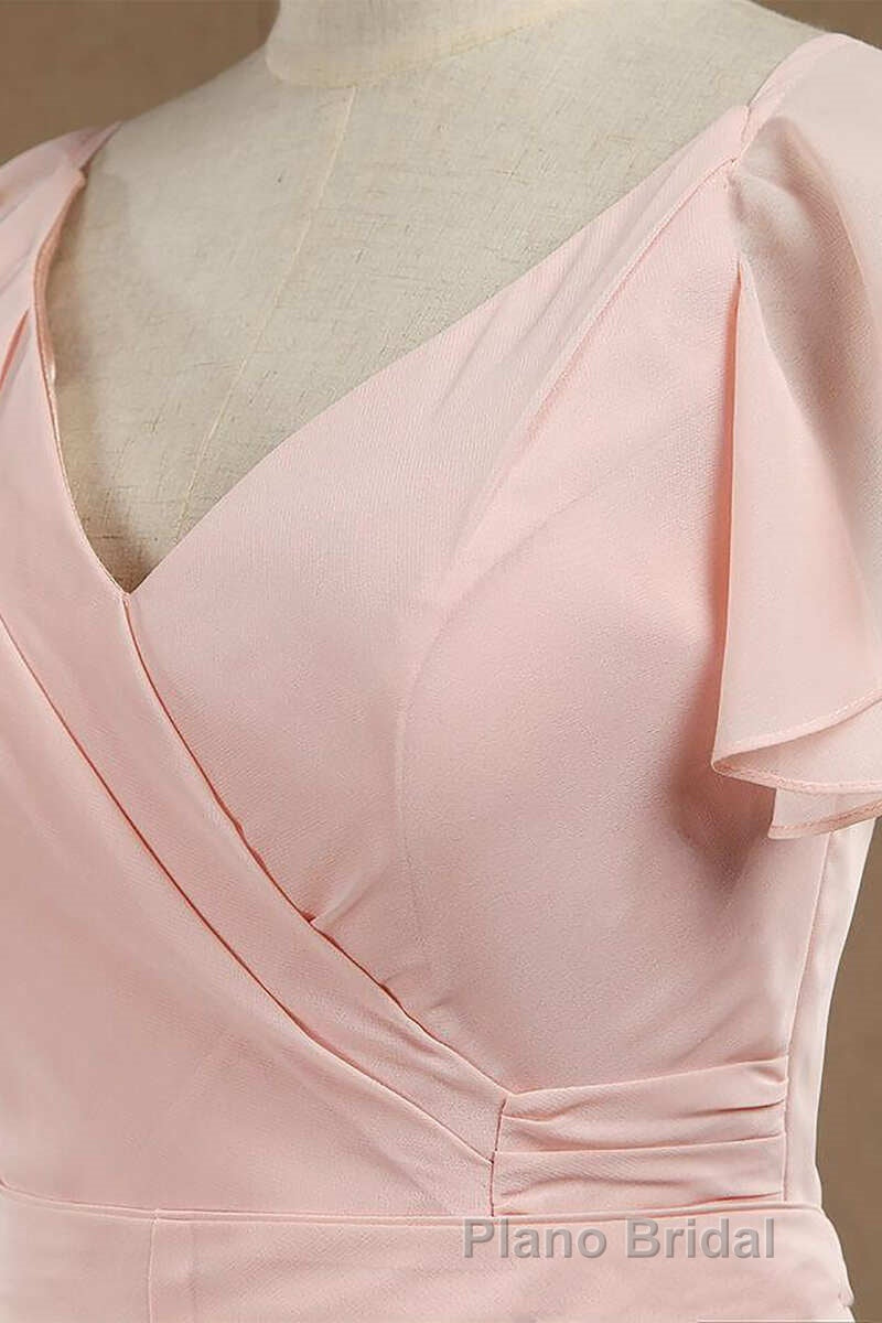 Blush Pink V-Neck Ruffled Long Bridesmaid Dresses