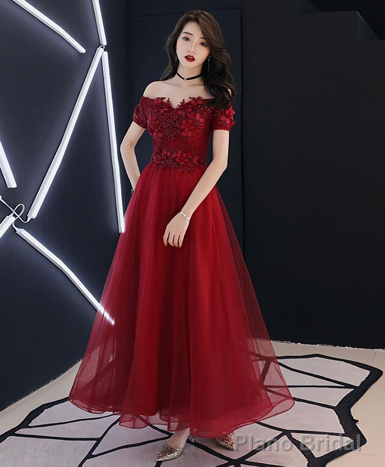 Burgundy Tulle Lace Prom Dress Burgundy Tulle Evening Dress