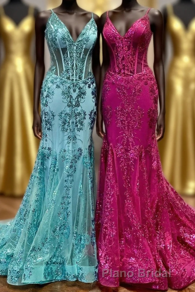 Fuchsia Mermaid Sequined Embroidery Tulle Long Formal Prom Dresses Main image