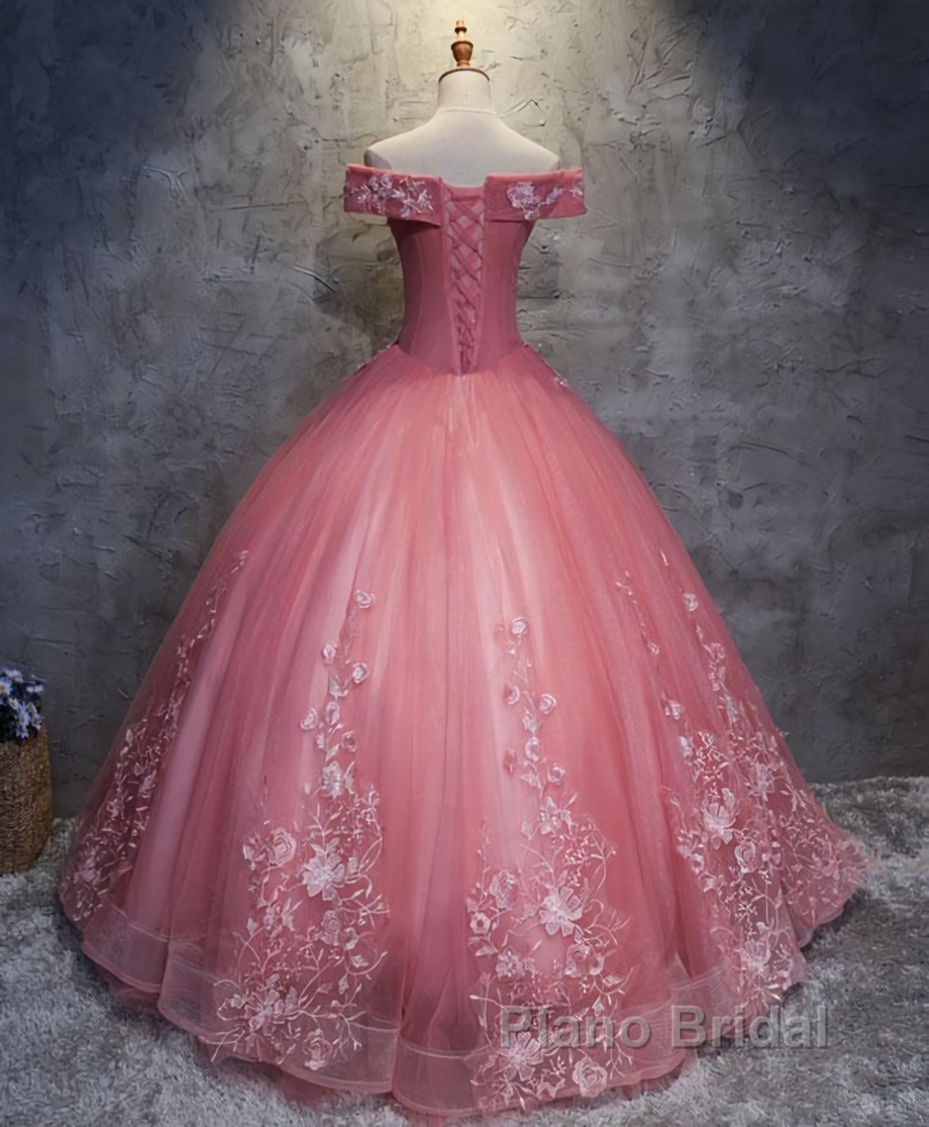 Pink Tulle Lace Off Shoulder Long Formal Prom Dress, Pink Tulle Evening Dress, 1 Secondary image