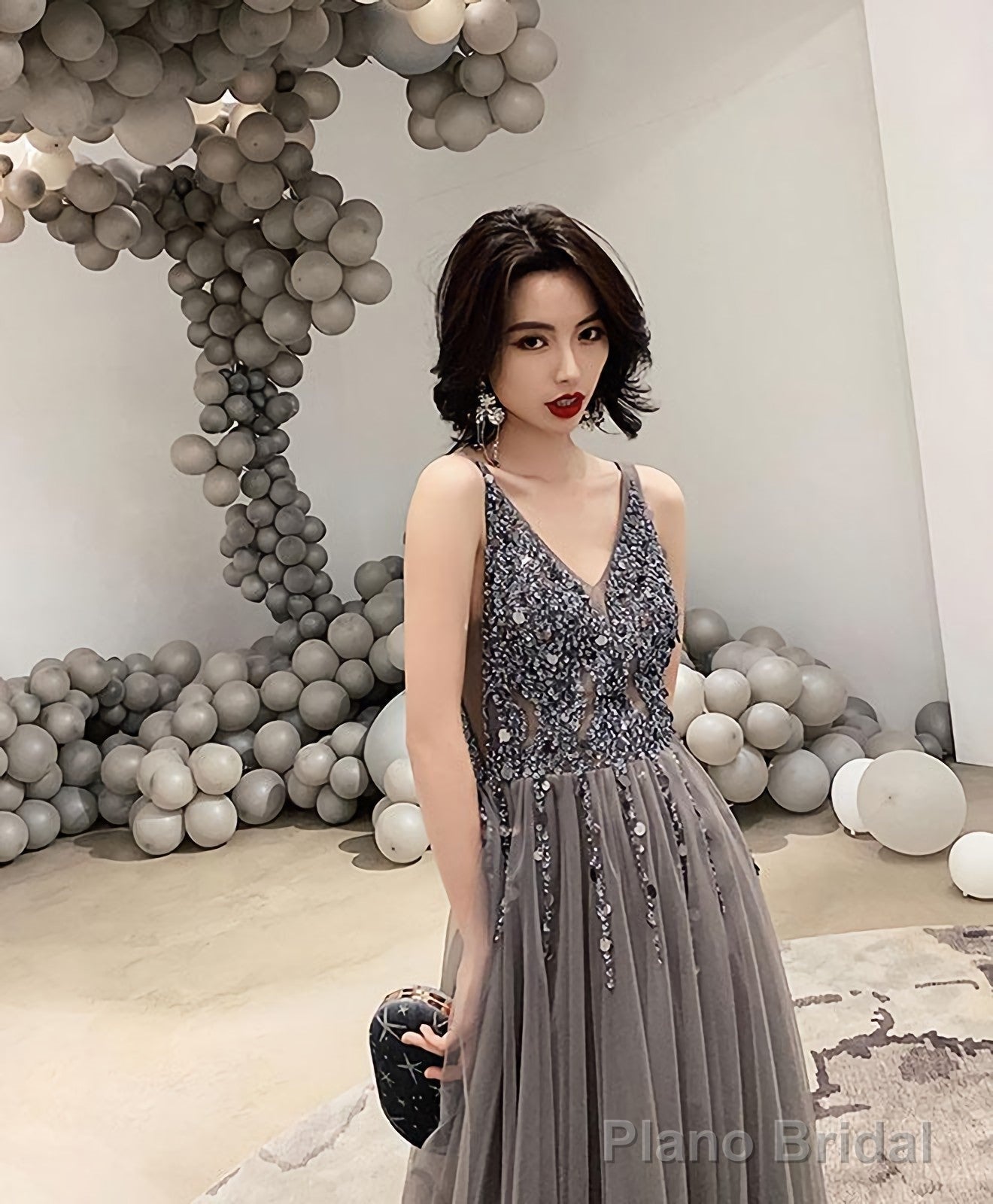 Gray V Neck Tulle Beads Long Prom Dress Gray Tulle Evening Dress
