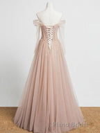 Champagne Pink Tulle Beads Long Formal Prom Dresses, Champagne Evening Dresses