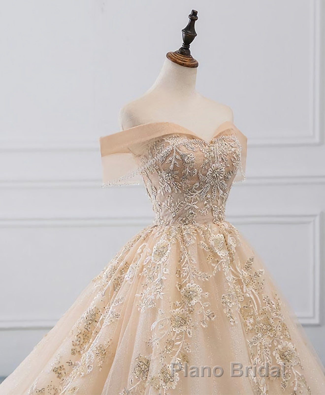 Champagne Off Shoulder Tulle Lace Long Wedding Dresses, Wedding Gown Secondary image