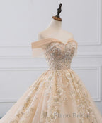 Champagne Off Shoulder Tulle Lace Long Wedding Dresses, Wedding Gown
