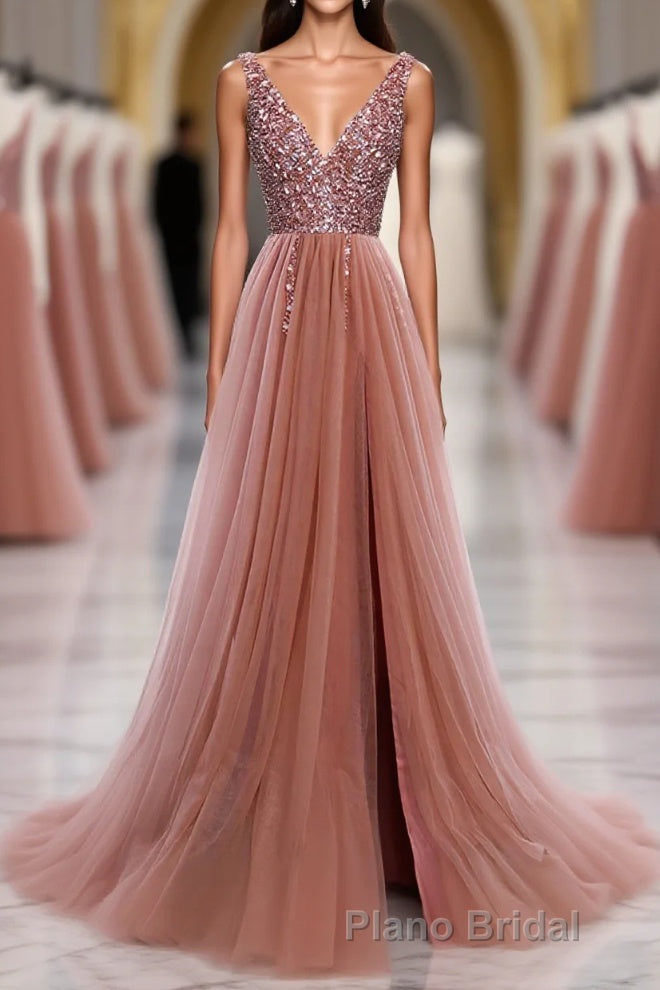 Pink V Neck Tulle Sequin Long Formal Prom Dresses, Pink Prom Dresses Main image