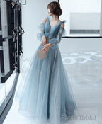 Blue V Neck Tulle Lace Long Prom Dress Blue Lace Formal Dress