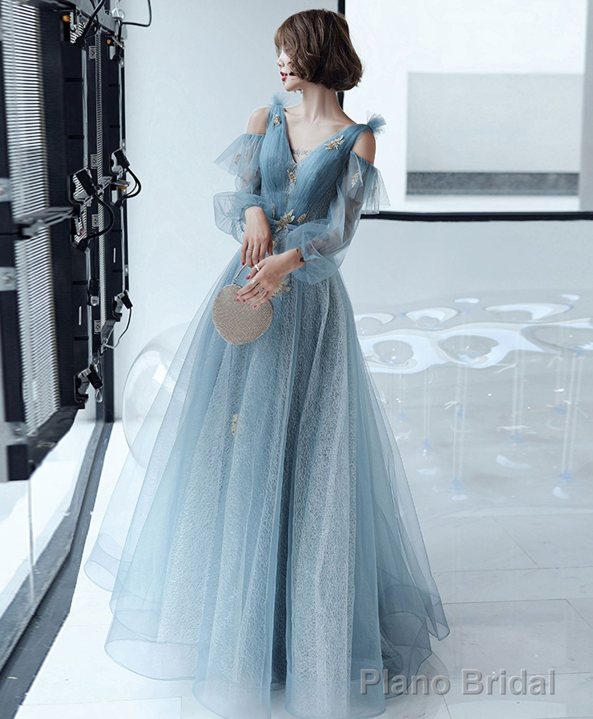 Blue V Neck Tulle Lace Long Prom Dress Blue Lace Formal Dress