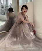 Champagne Tulle Sequin Long Prom Dress Tulle Formal Dress