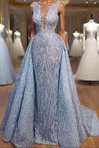Elegant Blue Lace Sleeveless Deep V Neck Formal Prom Dresses Party Dresses