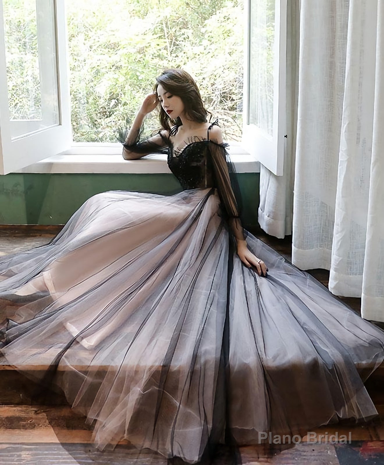 Black Tulle A Line Lace Long Prom Dress, Tulle Lace Formal Dress Secondary image