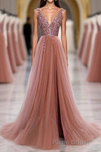 Pink V Neck Tulle Sequin Long Formal Prom Dresses, Pink Prom Dresses