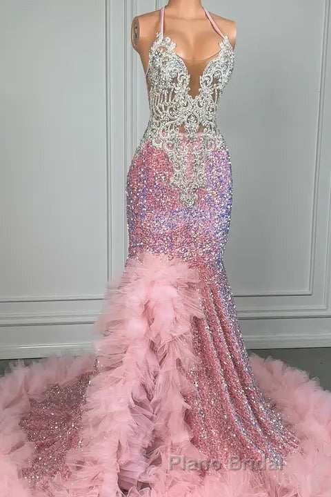 Pink Halter Mermaid Formal Prom Dress with Sequins Beadings and Tulle Ruffle