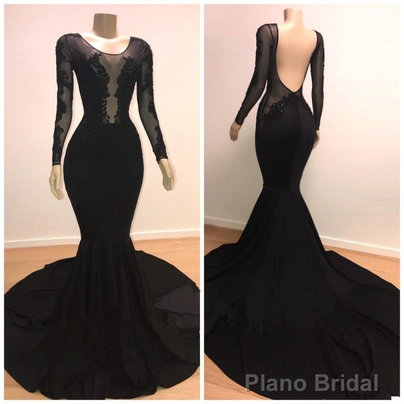 Unique Scoop Long Sleeves Backless Lace Appliques Tulle Sexy Mermaid Prom Dresses Secondary image