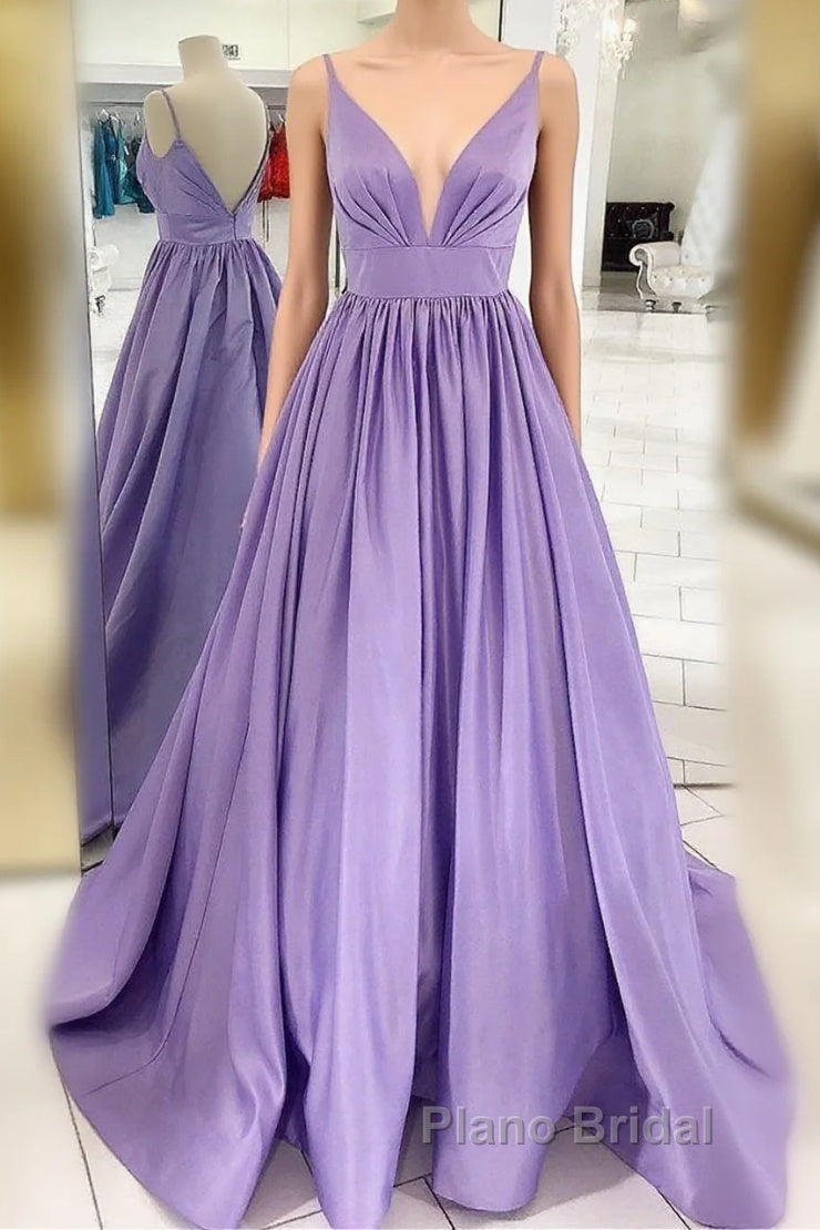 Straps V Neck Satin Maxi Formal Prom Dresses Lavender Formal Evening Gown