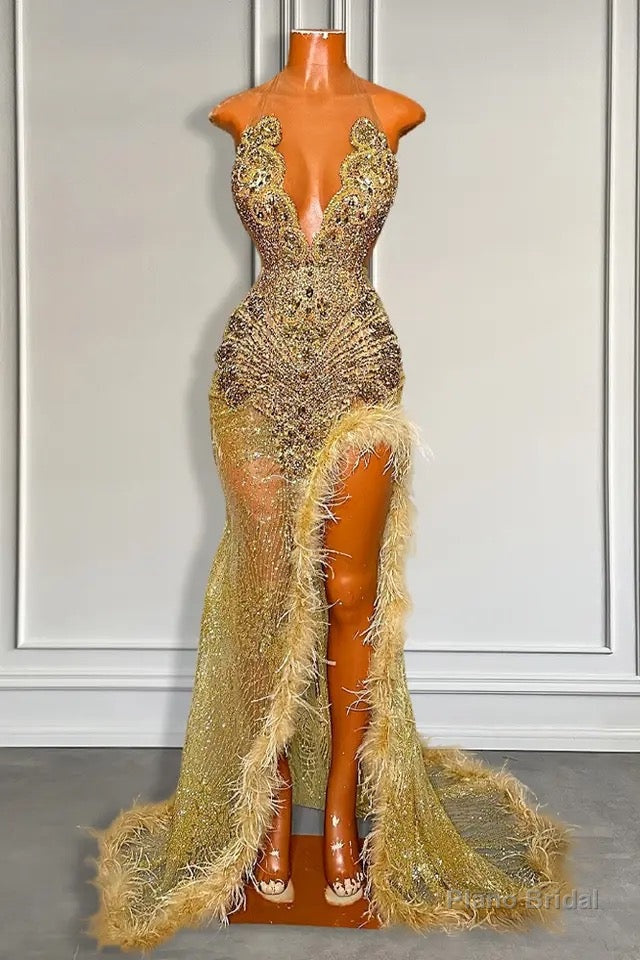 Gold Sleeveless Mermaid Prom Dress with Sequins High Slit and Feather Beadings Main image