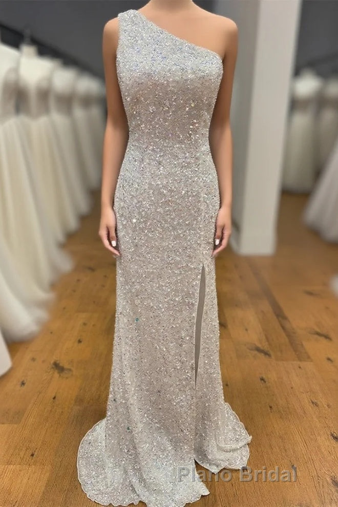 One Shoulder Ivory Sequined Long Party Dresses Main image